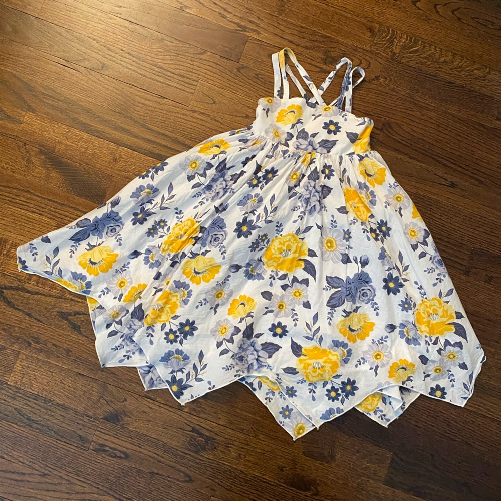Joie- 5T toddler Girls Floral handkerchief hem Sundress Yellow Blue cross straps